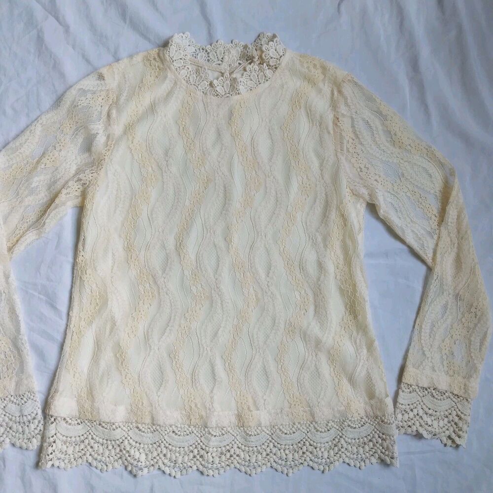 Mystree Ivory Long Sleeve Blouse Crochet Lace Floral Fairy Women’s Size S - Picture 3 of 11